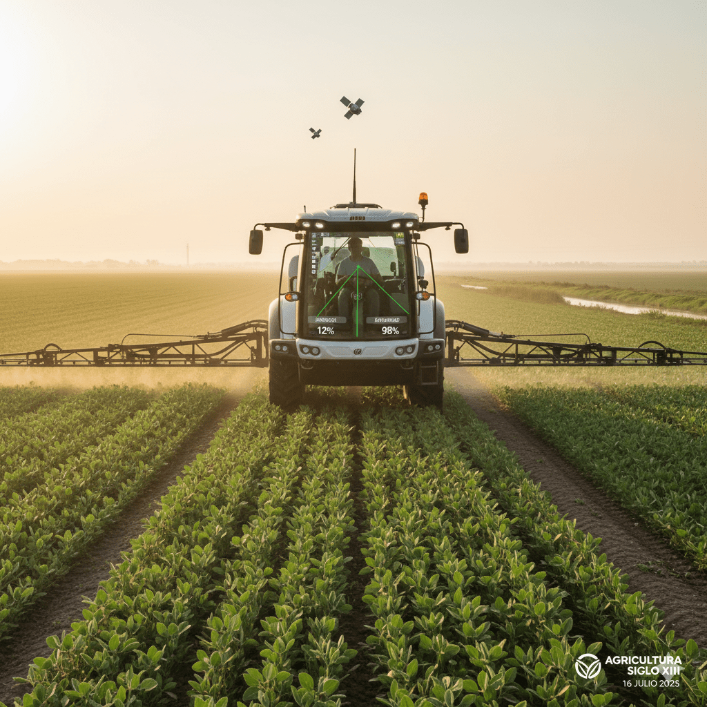 Vista frontal de un tractor pulverizador aplicando agroquímicos en un campo.